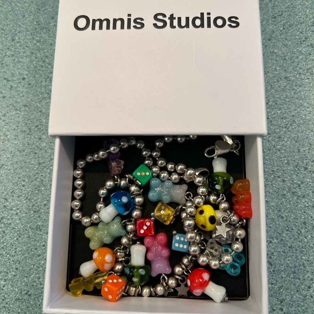 Omnis Vibrant Color Stainless Steel 18” Necklace Gummy Bears & Glass Mushrooms